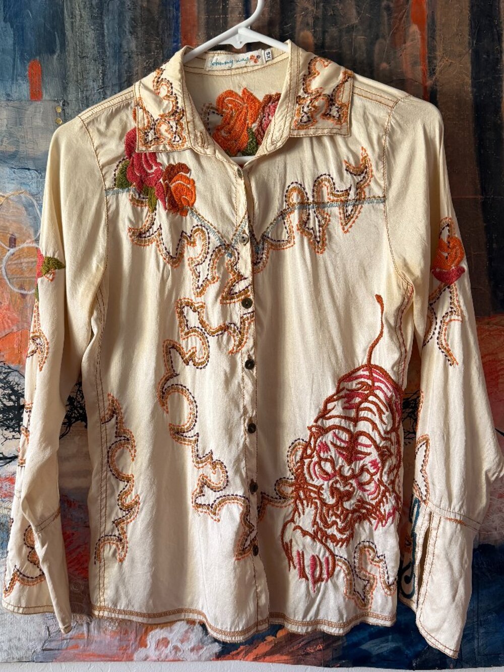 Tiger Embroidered Cream Silk Shirt/Johnny Was